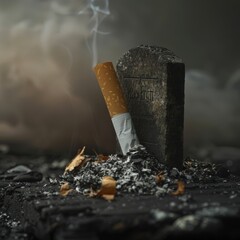 Pile of Crushed Cigarette Around a Gravestone Against a Dark Background