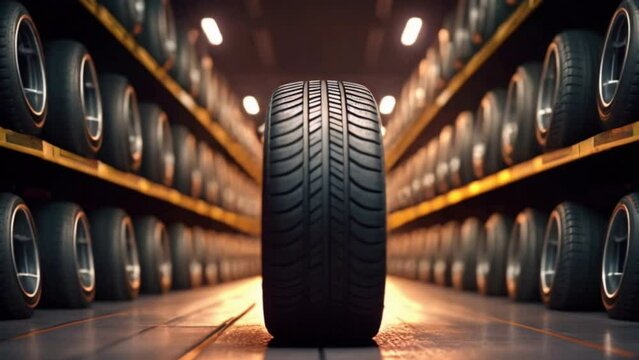Car tires, New tire is placed on the tire storage rack on warehouse.
