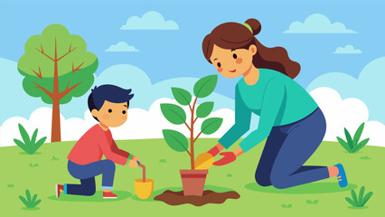 A parent and child duo eagerly planting a new tree in a community park to celebrate National Junior Botanist Day. - obrazy, fototapety, plakaty
