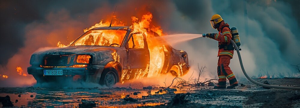 Firefighters dousing a flaming automobile in water
