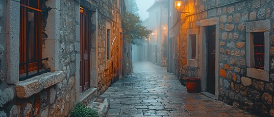 A misty twilight on a mediaeval town's old, deserted European street - obrazy, fototapety, plakaty