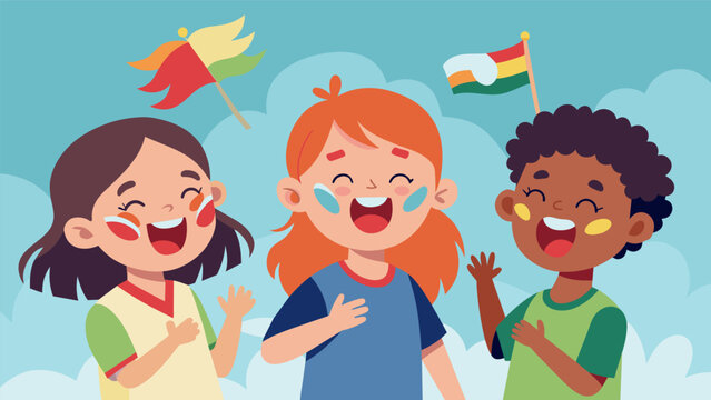 Excited giggles and laughter filling the air as children eagerly choose which part of the flag they want painted on their faces.. Vector illustration