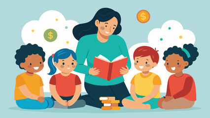 A mother teaching her children about the importance of saving through a communitybased financial literacy program.