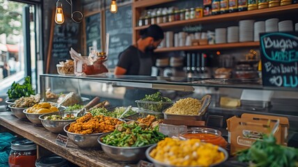 Fototapeta premium a restaurant counter featuring a selection of lunch options