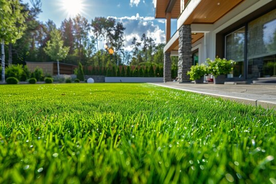 The perfect fresh green lawn next to an American house. The concept of lawn care. 
