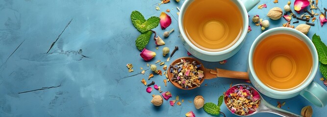Two mugs of nutritious herbal tea with spoons holding dried rose and camomile blossoms, mint, and cinnamon against a blue background