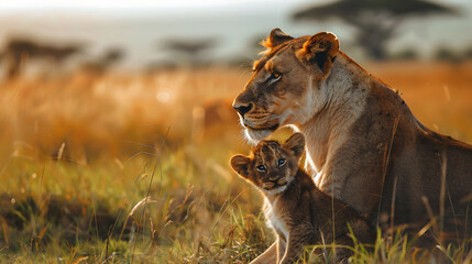 The tender bond between an African lioness and her adorable cub, captured in exquisite detail...