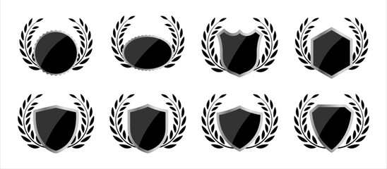 Vector shield and laurel wreath template set for logo design with shiny effect in black color. Leaf circle with glossy shield elements for classic logo. Vector illustration.