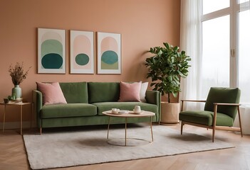 Fototapeta premium Frame mockup, ISO A paper size. Living room poster mockup. Interior mockup with house white background. Modern interior design. 3D render