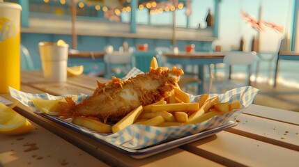 fresh made fish with finger chips served on the beach