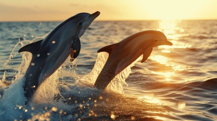 Two dolphins jumping out of water in ocean - obrazy, fototapety, plakaty