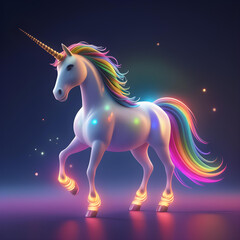 Iridescent unicorn with glowing hooves in a mystical neon dreamscape