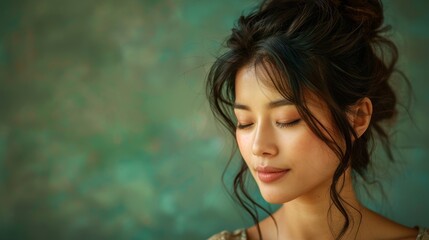 A woman with long dark hair and a pretty face is looking at the camera