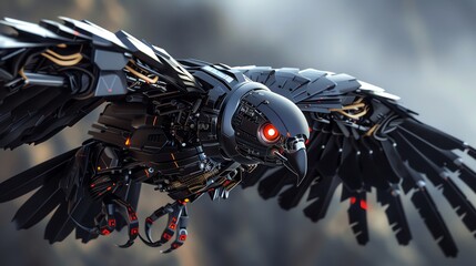 Capture the intricate details of a robotic eagle in mid-flight, showcasing its sleek metallic feathers and glowing red eyes in a photorealistic digital rendering