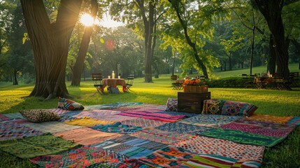 Picnic blankets spread out like patchwork quilts, a colorful mosaic against the green grass.