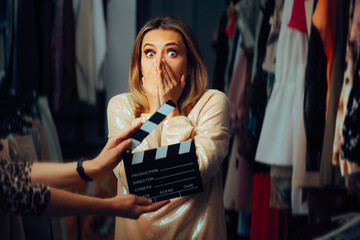 Shocked Actress Filming a Movie Scene on a Set. Professional tv entertainer shooting a commercial in fashion store 
