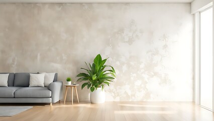  Bright and cozy modern living room interior have sofa and plant with white plaster wall 