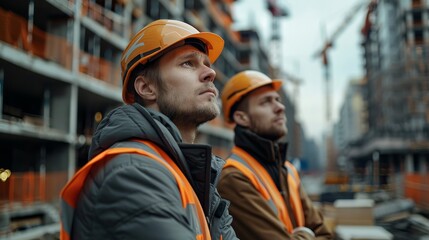 Two men wearing orange safety vests stand on a construction site