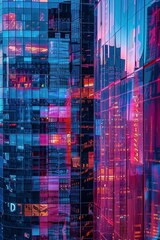 Vidrieras de rascacielos reflejando luces de neón vibrantes al atardecer, creando un tapiz urbano