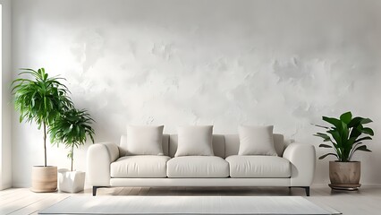  Bright and cozy modern living room interior have sofa and plant with white plaster wall 