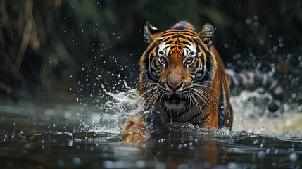 Fototapeta na wymiar Majestic Tiger Wading Through Water, Rainforest Background, Splashing Water Drops