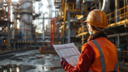 A woman wearing a hard hat and orange vest is looking at a piece of paper