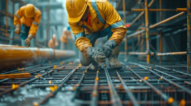 A construction worker is kneeling down to work on a metal grid