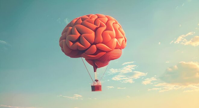 A brain-shaped hot air balloon, ascending, symbolizing rising ideas and aspirations