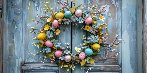 A beautiful Easter wreath hangs gracefully on a door, adding a touch of festive charm and warmth to the entrance.