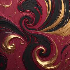 A painting with red, golds and black swirls, in the style of dark scarlet and light gold,...