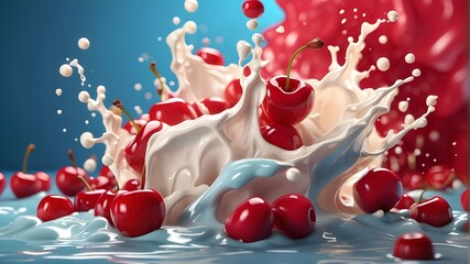 Cherry-Flavored Milk Splash Set Against a Vibrant and Beautiful Background, Beautiful Splash Set in a Colorful Background, A Beautiful Cherry-Flavored Design with a Vibrant Background, Set Against a C