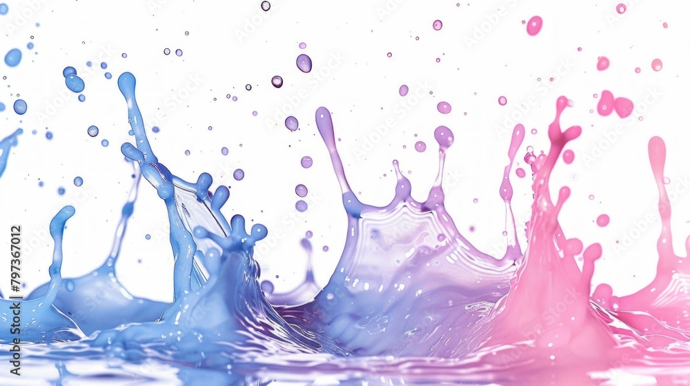 Poster a lively scene of blue and pink water splashing on top of each other, creating a mesmerizing display