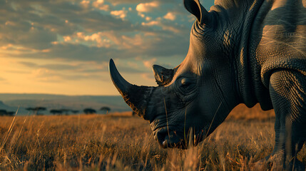The majestic profile of a rhinoceros against the horizon of  Kenya, Africa, its massive form and rugged features captured in breathtaking 8k detail,  - obrazy, fototapety, plakaty