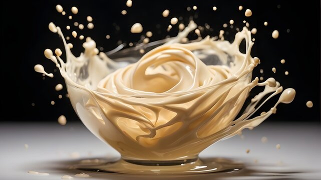 Panning View of a Whirling Vortex of Condensed Milk, A Panning View of a Condensed Milk Vortex in a Vibrant Background, Condensed Milk Whirling Against a Vibrant Background, Condensed Milk in a Vortex