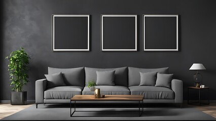  Living room with Frames for art on a black wall. Gallery in dark colors with a gray sofa or couch. Rich exhibition mockup layout triptych. 3d render 