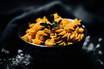 a bowl of pasta with a leaf on top