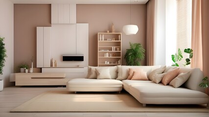 Fototapeta premium Modern Interior Design with a Comfortable Couch and Air Conditioner, A Living Room Setup with a Stylish Couch and Efficient Air Conditioner, A Couch and Air Conditioner for Comfortable Interior Design