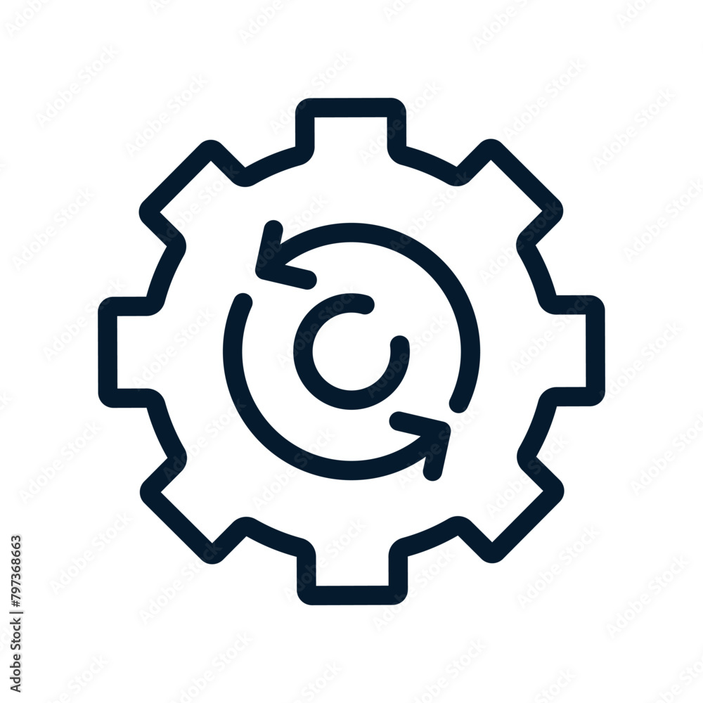 Poster rotating gear. work process concept. vector linear icon isolated on white background.