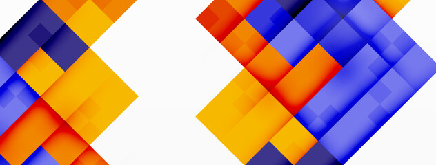A vibrant and colorful geometric pattern featuring azure blue and orange shapes like rectangles and triangles, creating a symmetrical design on a white background - obrazy, fototapety, plakaty