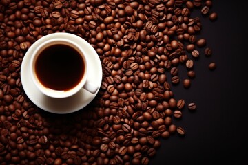 Fototapeta premium a cup of coffee on a pile of coffee beans