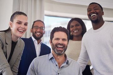 Mature man, group and diversity in portrait as mentor with laughing, internship and workplace for...