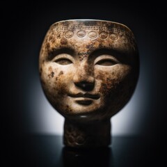 a stone cup with a face carved into it