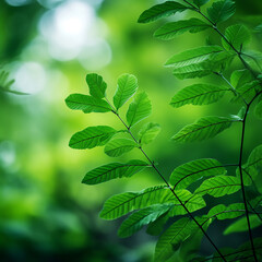 Green leaves on blurred background with bokeh effect, nature background