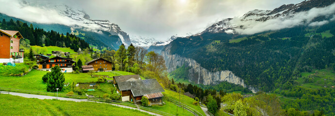 View of alpine Wengen village Beautiful outdoor scene in Switzerland