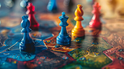 A close up of a blue chess piece on a colorful board game.