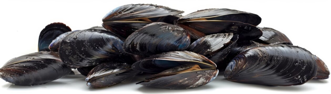A cluster of mussels clings tightly to the rocky surface, their dark, glossy shells partially open, isolated on white background