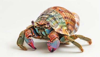 A hermit crab, clad in a colorful borrowed shell, cautiously peers out with its curious eyes, isolated on white background - Powered by Adobe