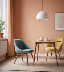 Fototapeta na wymiar Workplace in Peach Fuzz 2024 color trend. Painted walls and rich furniture - chairs and table with lamp. Pastel painting background. Large home office .