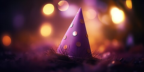 a purple cone hat with gold polka dots