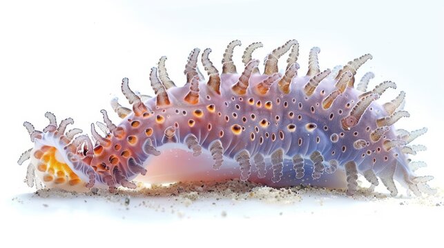 A sea cucumber gently undulates on the ocean floor, exhibiting its soft, elongated body and spiny texture, isolated on white background